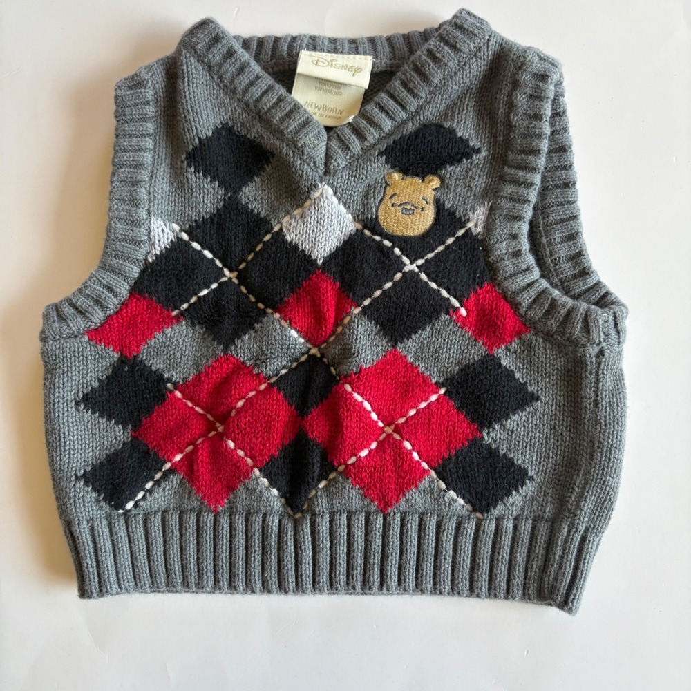 Disney Winnie the Pooh Baby Argyle Sweater‎ Vest Grey Red Newborn Embroidered